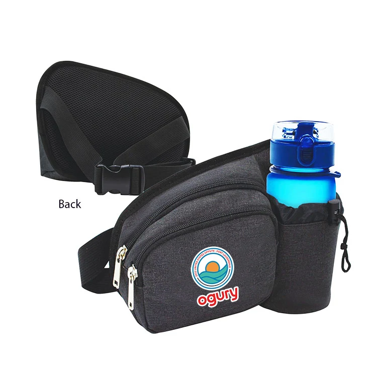 300D polyester 2-Zipper Heather Sport Fanny Pack w/ Bottle Holder 1