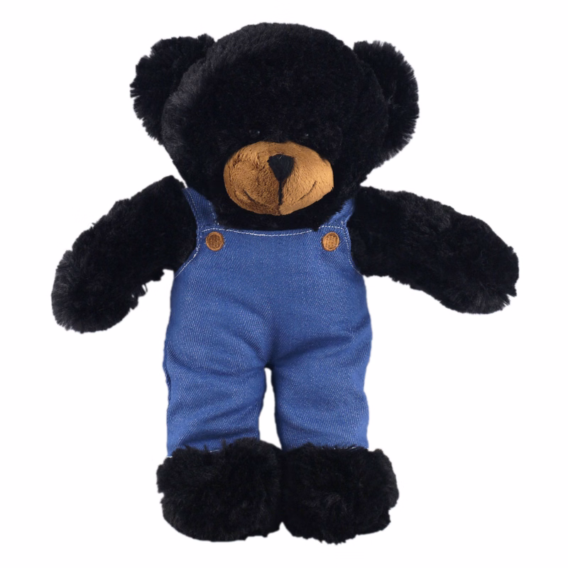 Soft Plush Stuffed Black Bear in denim overall.