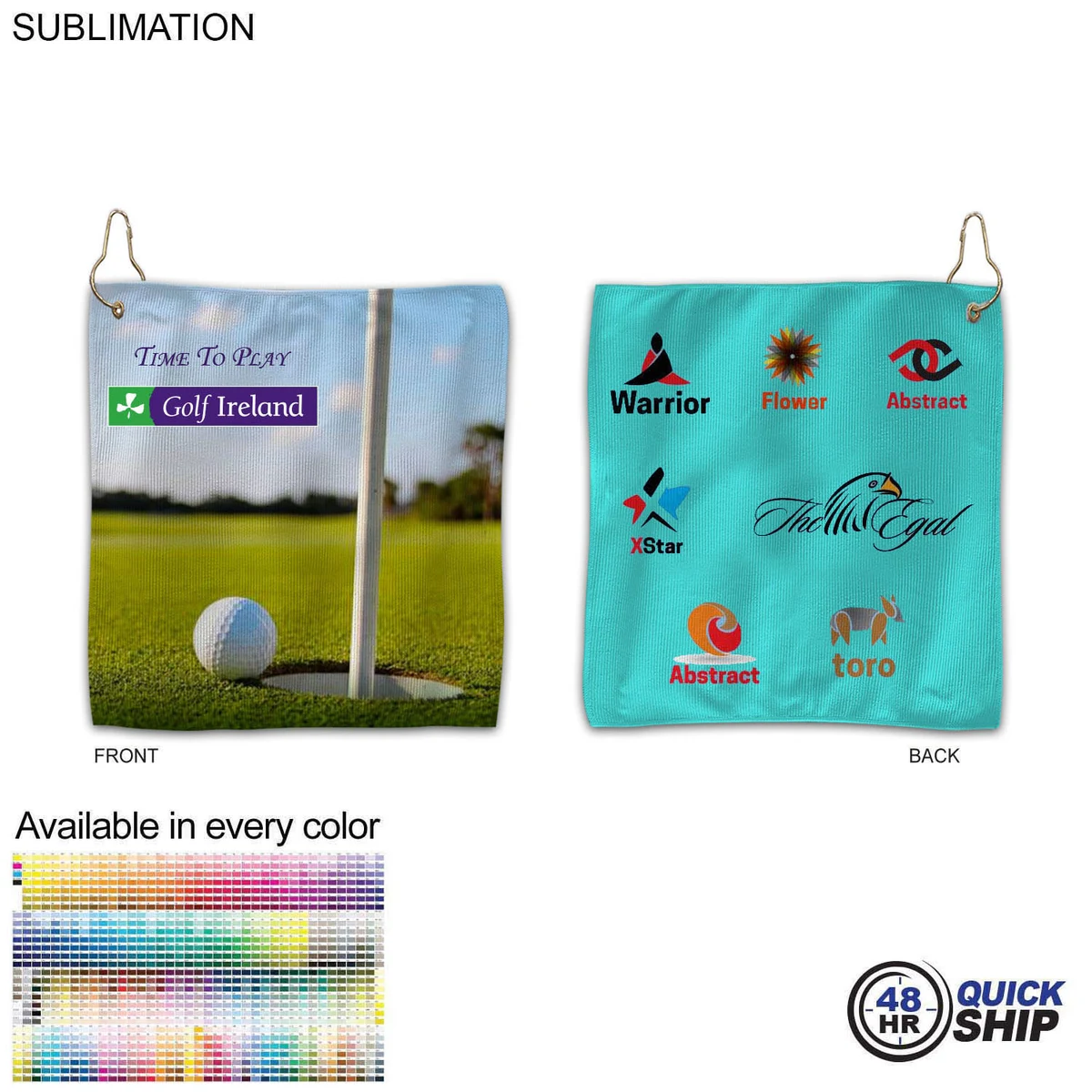 48 Hr Quick Ship - Colored Microfiber Dri-Lite Terry Golf Towel, 12x12, Nofold, Sublimated 2 sides 1