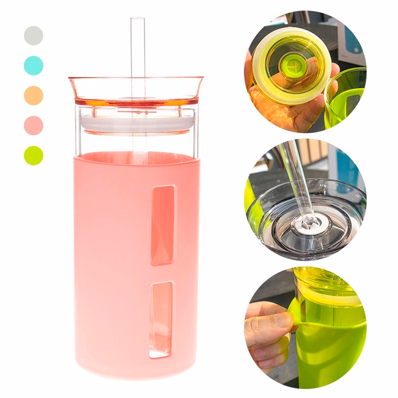12/17Oz Glass Tumblr Coffee Cups With Straw