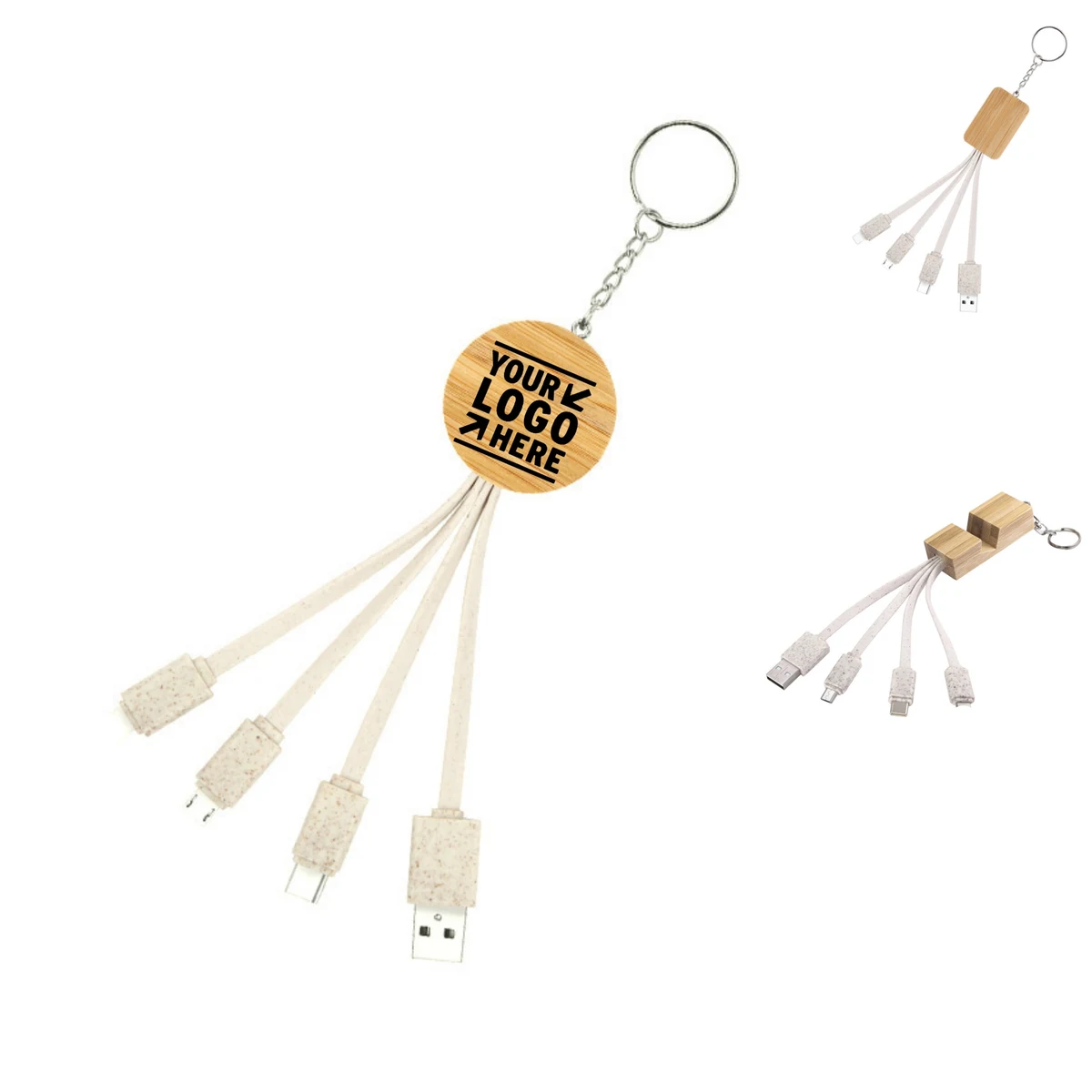 Biodegradable 3-in-1 Bamboo Charging Cable w/ Keychain 1