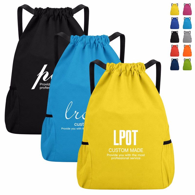 Large Capacity Waterproof Solid Drawstring Backpack With 2 Mesh Pockets
