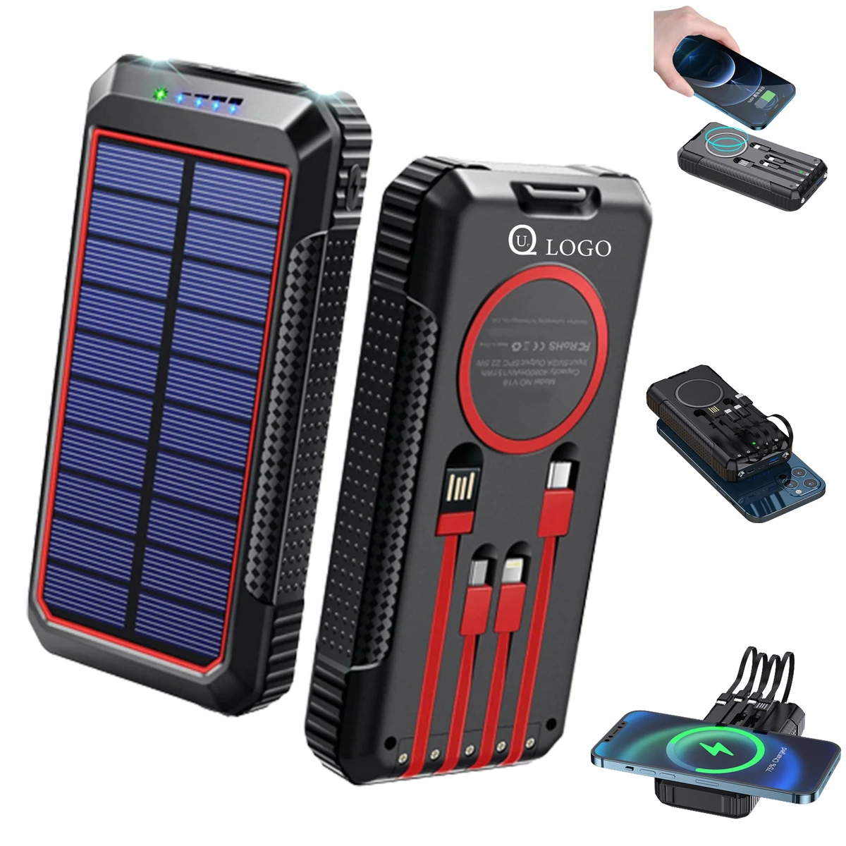 24000Mah Wireless Solar Power Bank Flashlight W/4 Cables 1