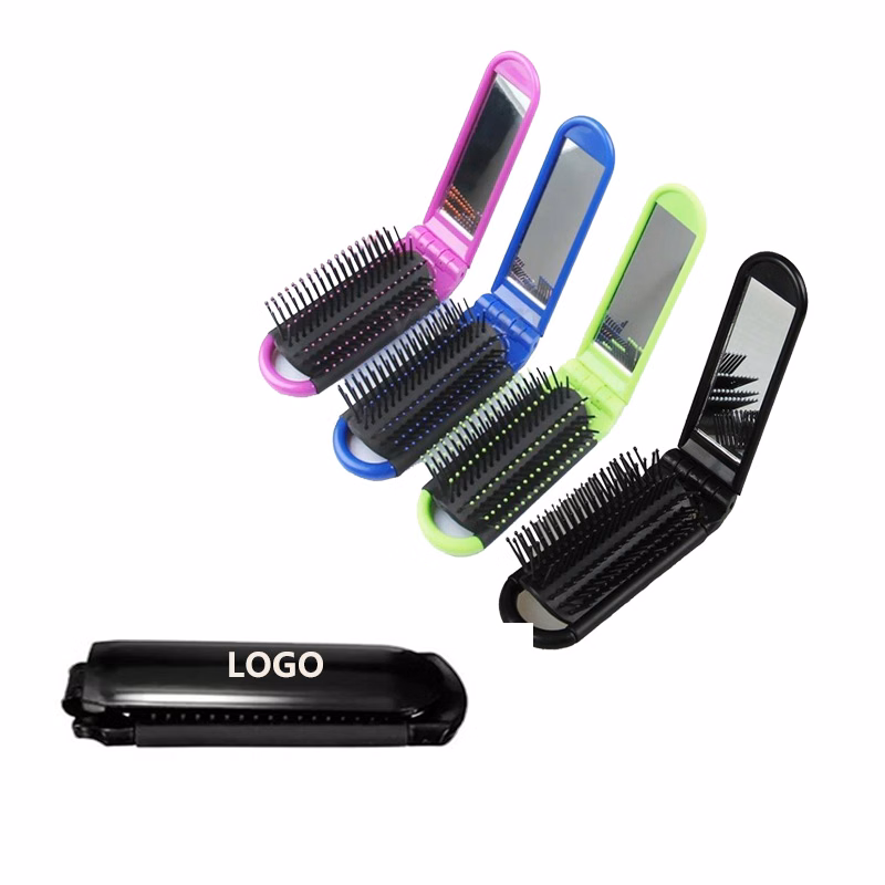 Portable Folding Hair Brush w/Mirror Compact Pocket Hair Comb