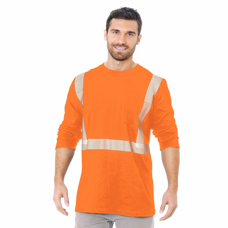 Class 2 USA-Made Segmented 100% Cotton Safety Long Sleeve T-Shirt with Pocket
