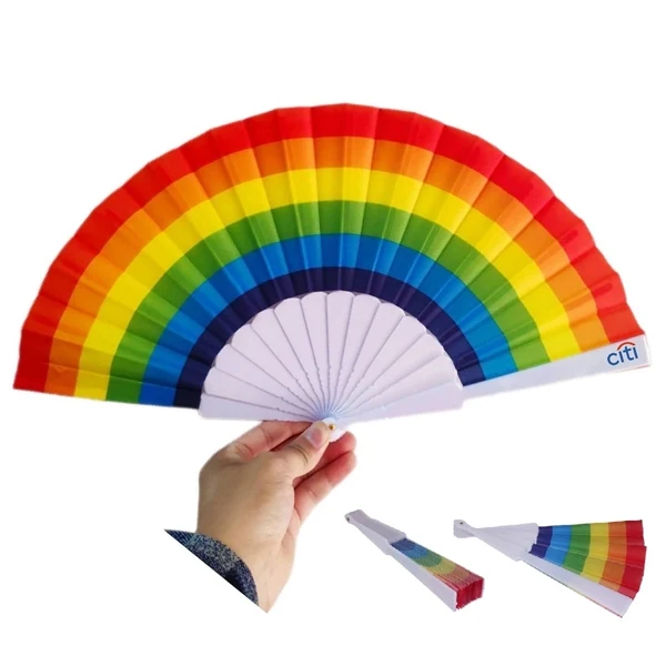 Custom 9.25" Rainbow Pride Folding Hand Fan — Nylon Heat Transfer Giveaway 1
