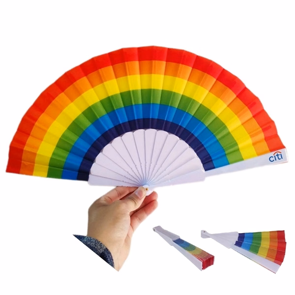 Custom 9.25" Rainbow Pride Folding Hand Fan — Nylon Heat Transfer Giveaway