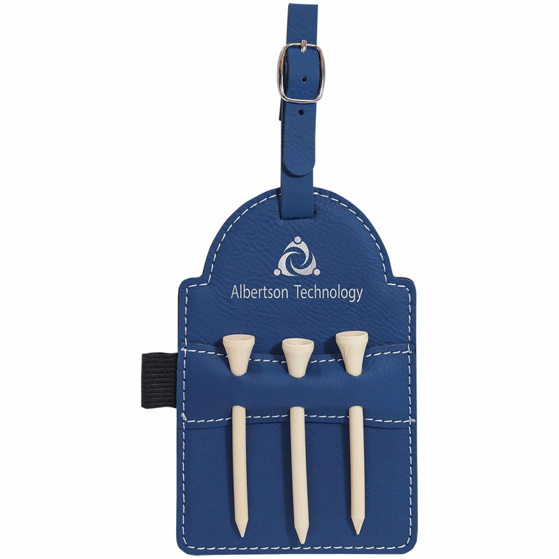 5" x 3 1/4" Blue/Silver Leatherette Golf Bag Tag with 3 Wooden Tees