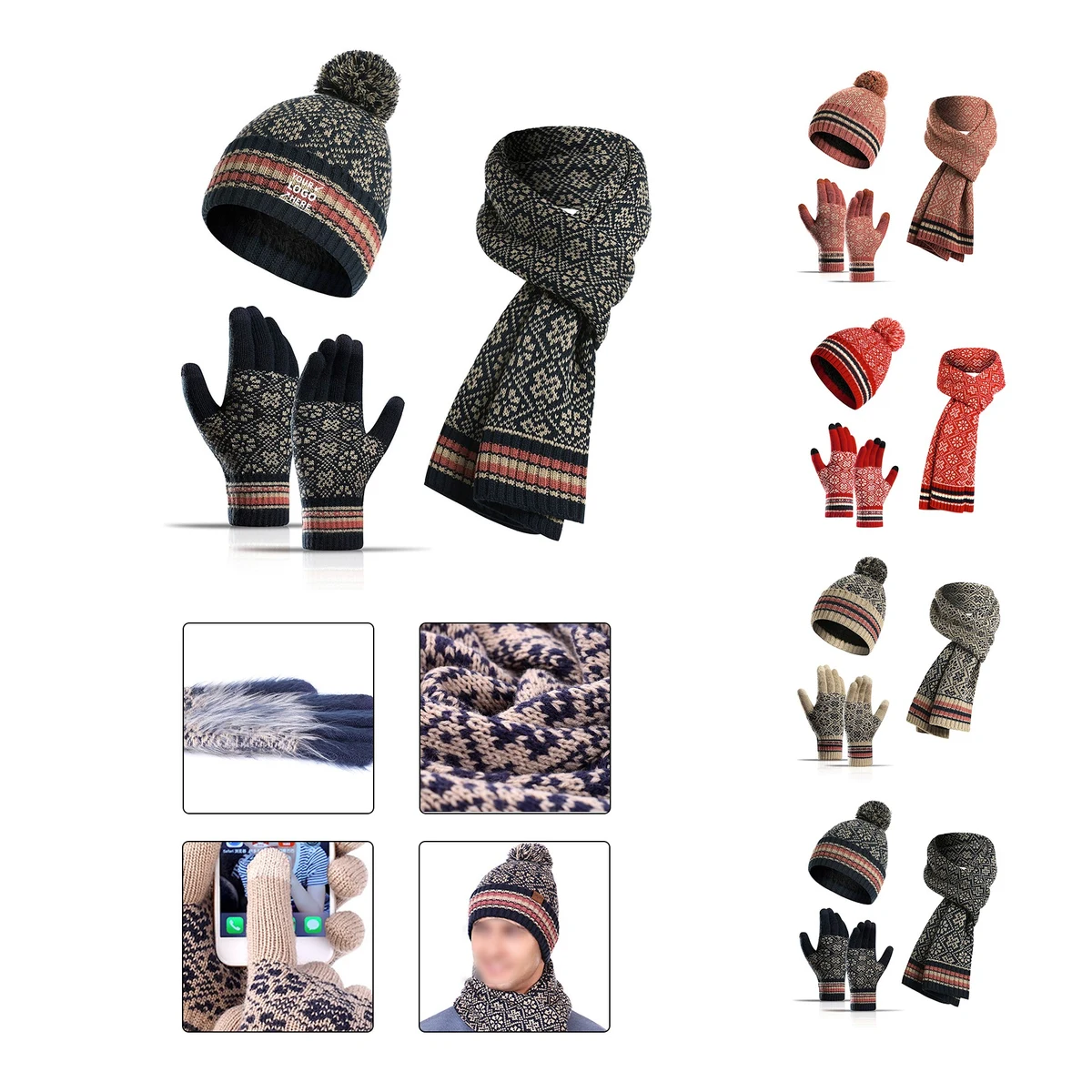 Winter Pom-pom Beanie Hat Scarf Touch Screen Gloves Set 1