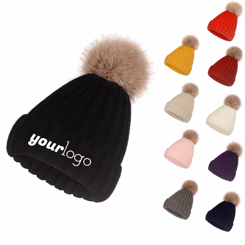 Stylish Winter Beanie with Faux Fur Pom and Fleece Lining