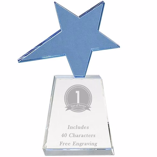 Crystal: 8" Blue Star on Clear Tower Base Base