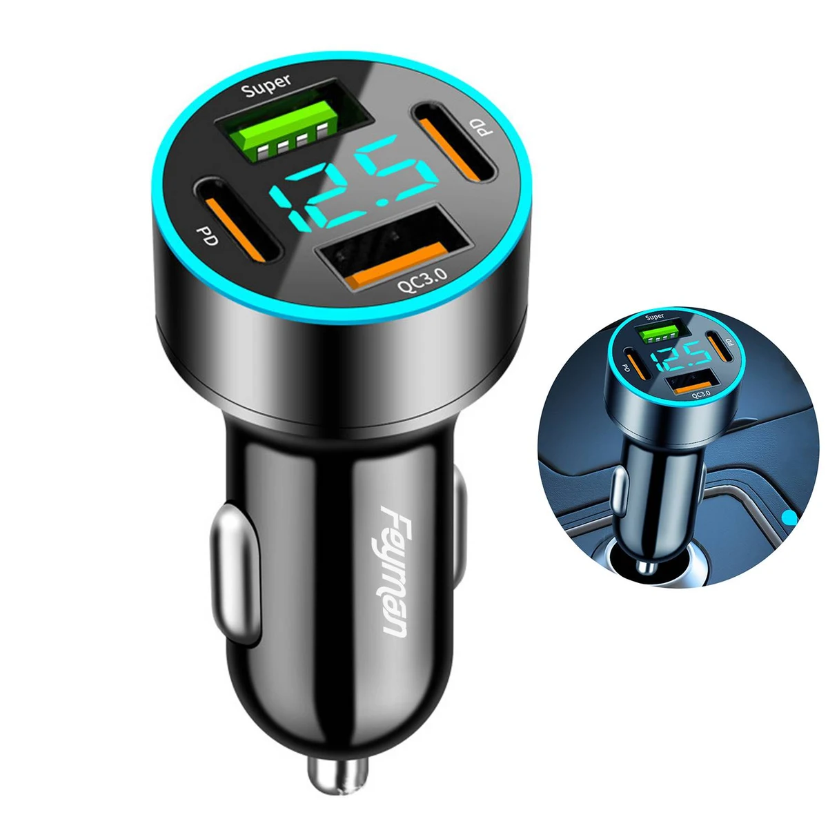 66W 4-Port Digital Display USB Fast Charging Car Charger 1
