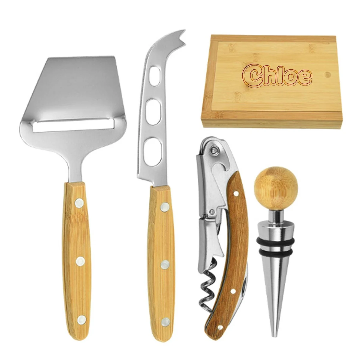 5PCS Bamboo Cheese Knife Spatula Wine Stopper Set w/ Box 1