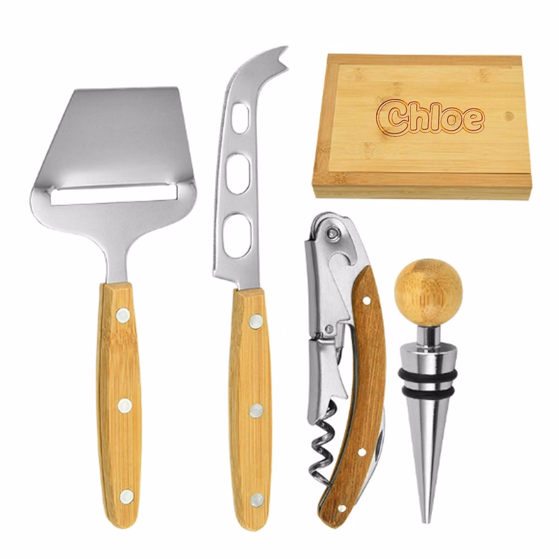 5PCS Bamboo Cheese Knife Spatula Wine Stopper Set w/ Box