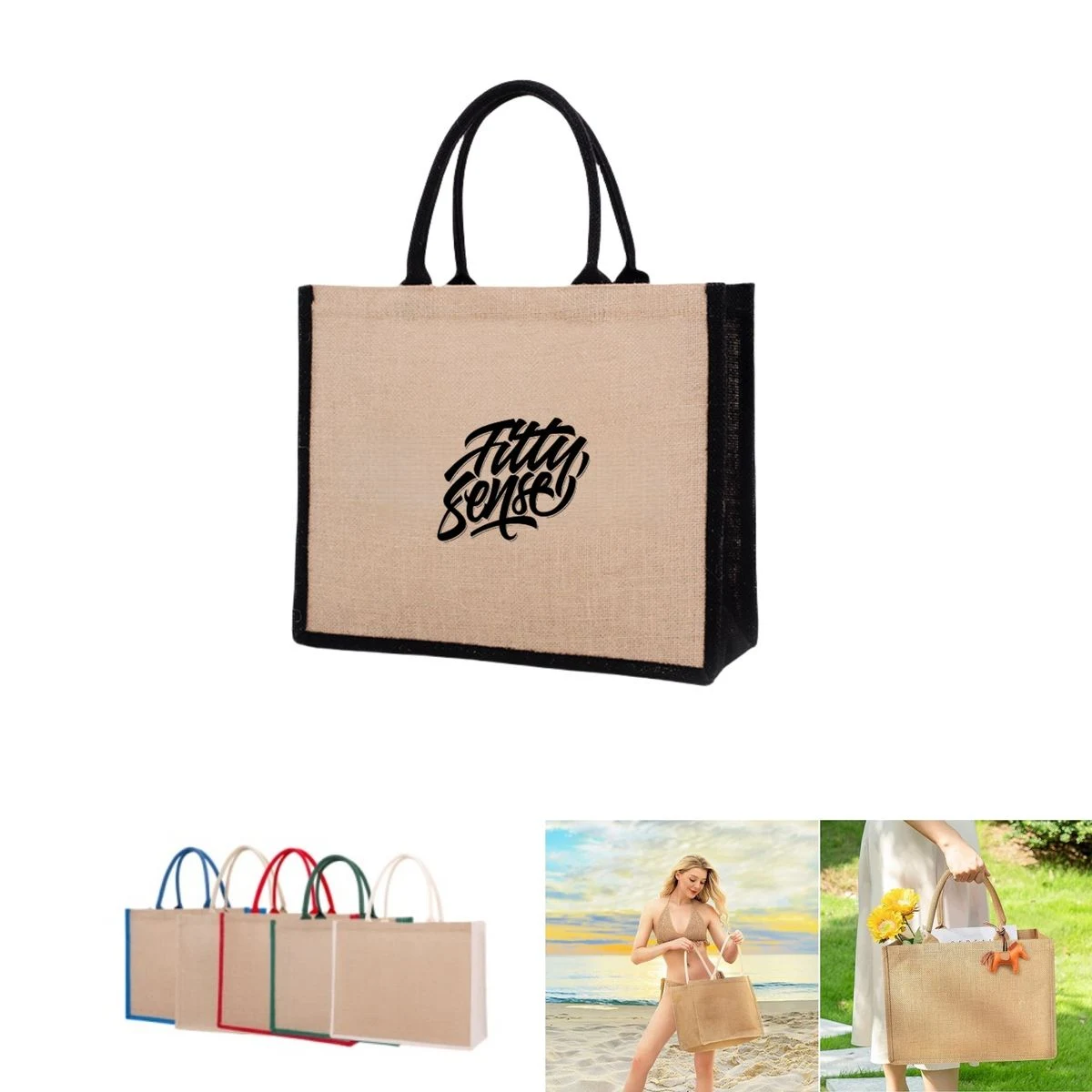 Large Jute Tote Bag with Handles, custom tote bag with logo imprint 1