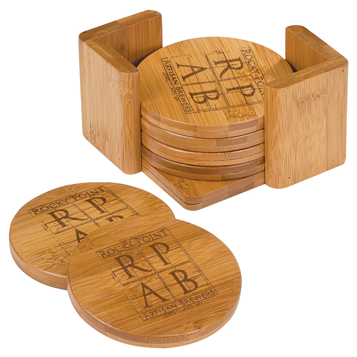 3 3/4" Bamboo Round 6-Coaster Set with Holder 1