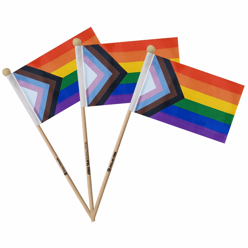 LGBTQ+ 4"x6" Progress Pride Flag With Natural Wood 12 " Pole