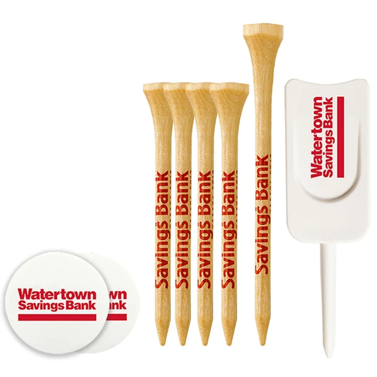 4 Wood Tees 3 1/4", 1 Wood Tee 2 1/8", 2 Ball Markers, 1 Single Prong Plastic Divot Tool 1