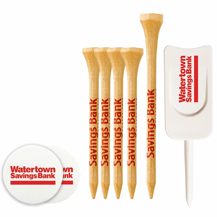 4 Wood Tees 3 1/4", 1 Wood Tee 2 1/8", 2 Ball Markers, 1 Single Prong Plastic Divot Tool