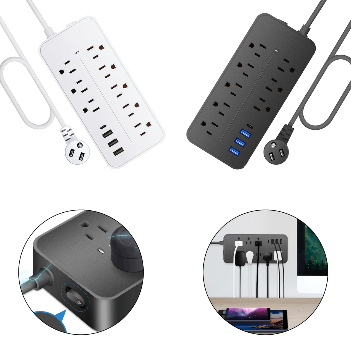 8 Outlets Flat Plug Wall Mounted Power Strip with 3 USB Port 1