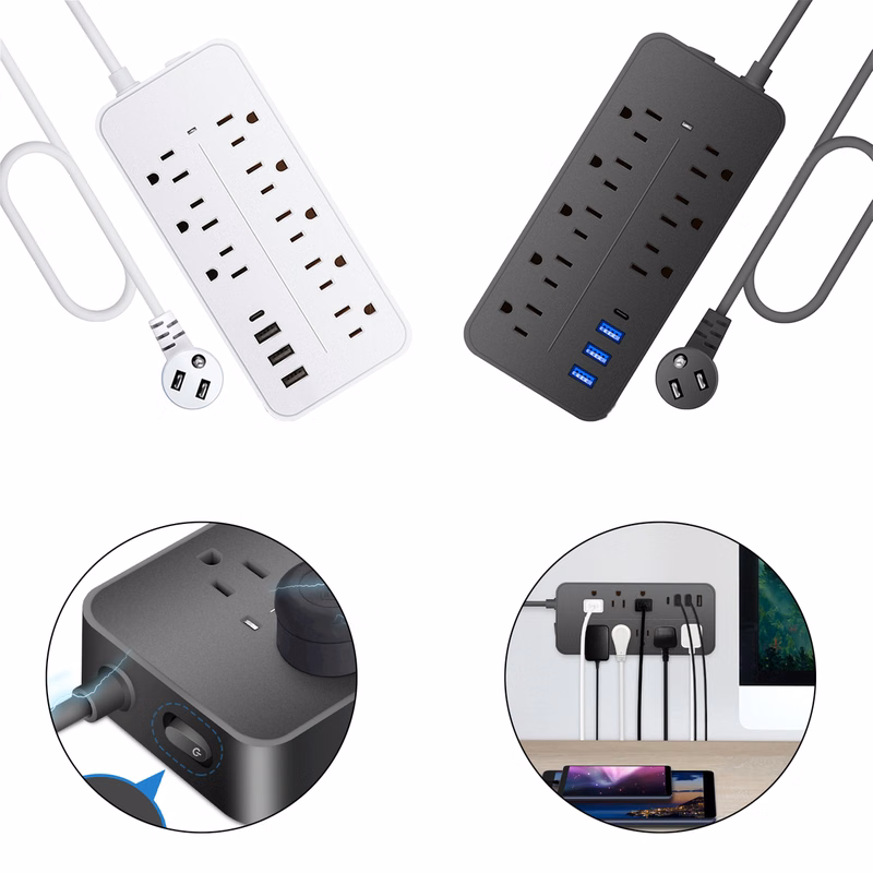 8 Outlets Flat Plug Wall Mounted Power Strip with 3 USB Port