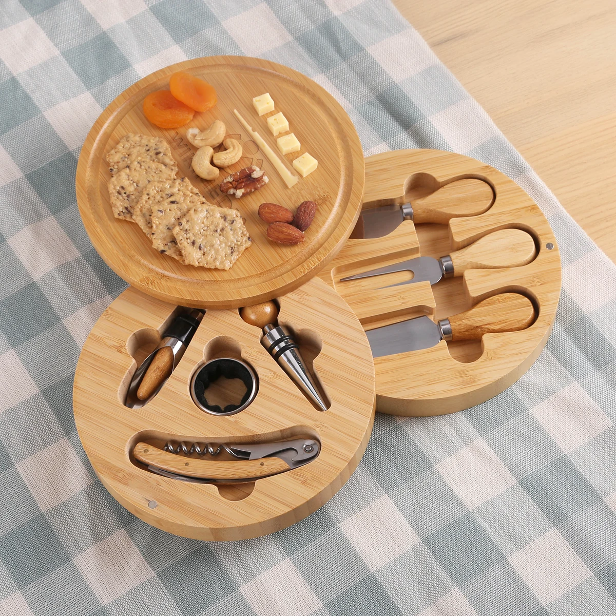 8 Piece Swivel Top Bamboo Cheese Board Set 1