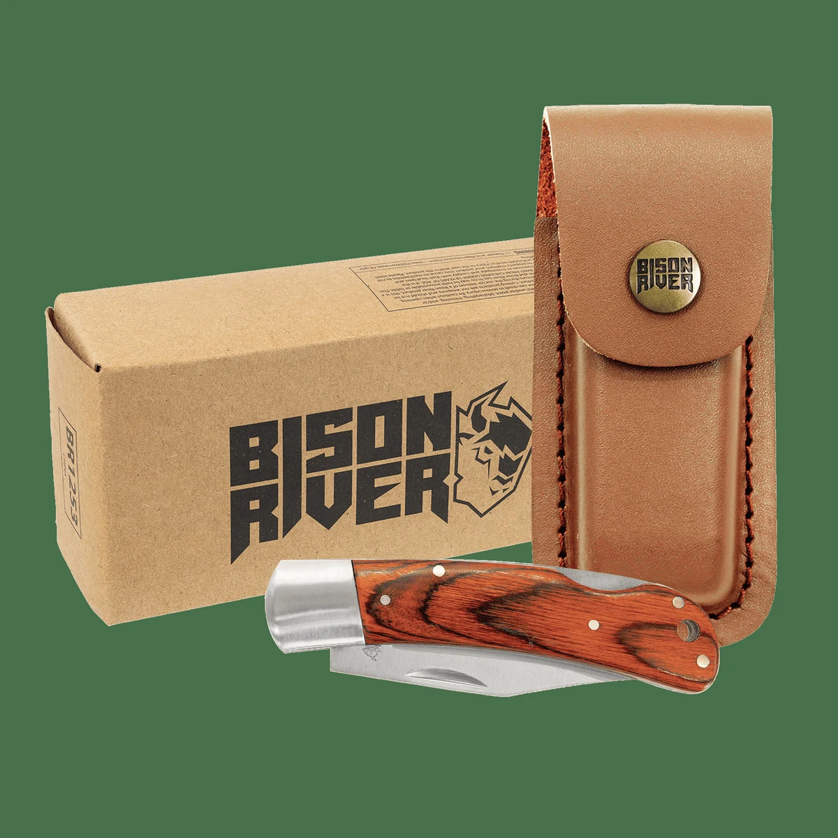 Bison River 4" Woodgrain/Silver Wood Folding Knife with Leather Sheath 1