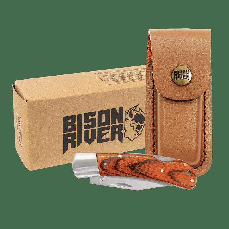 Bison River 4" Woodgrain/Silver Wood Folding Knife with Leather Sheath