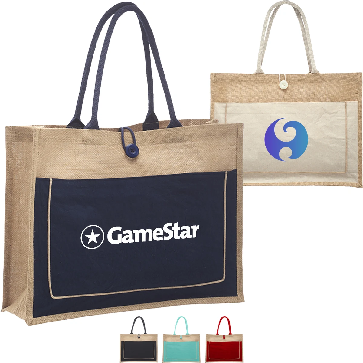 Two tone Jute Tote Bag w/ Front Pocket & Colored Handles & Gusset (17.75" x 13.75") 1