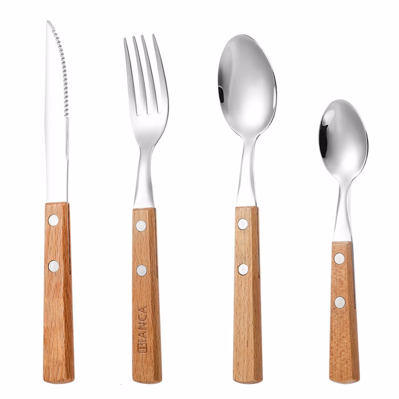 4pcs Stainless Steel Cutlery w/ Wooden Handle Flatware Set
