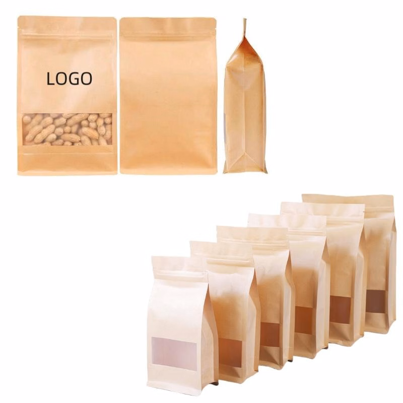 Eight Side Seal Stand Up Kraft Pouch W/ Clear Window (6 5/16" W x 10 1/4" H x 3 1/8" G)