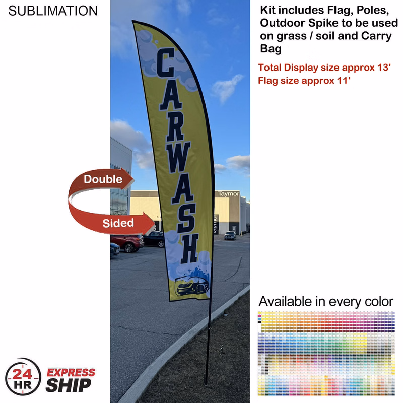 24Hr Express Ship - 13' Medium Feather Flag Kit, Full Color Graphics Double Sided, Spike and Bag.