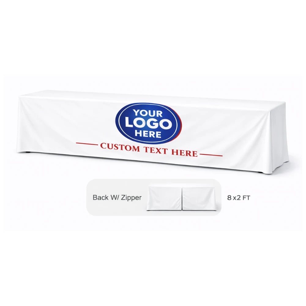 6 ft White Fitted Table Cover w/Back Zipper & Front Logo 1