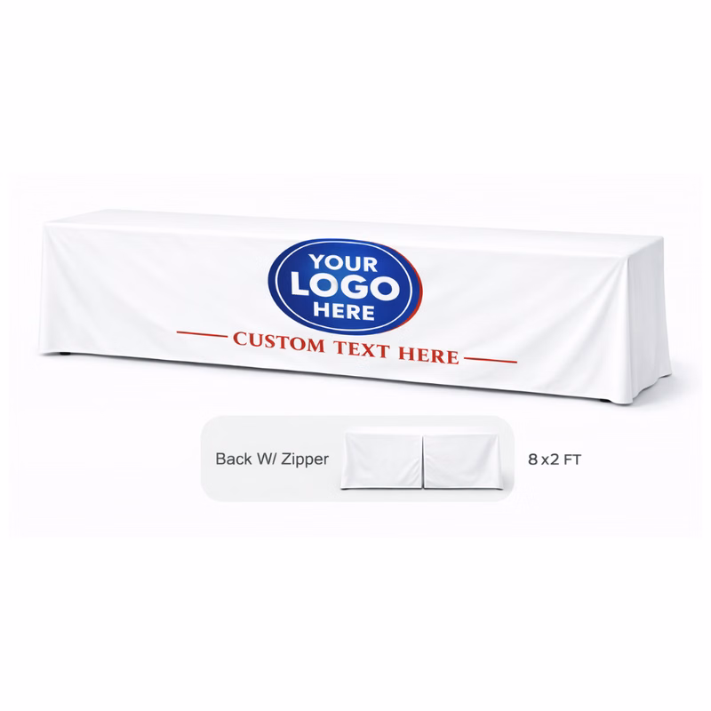 6 ft White Fitted Table Cover w/Back Zipper & Front Logo