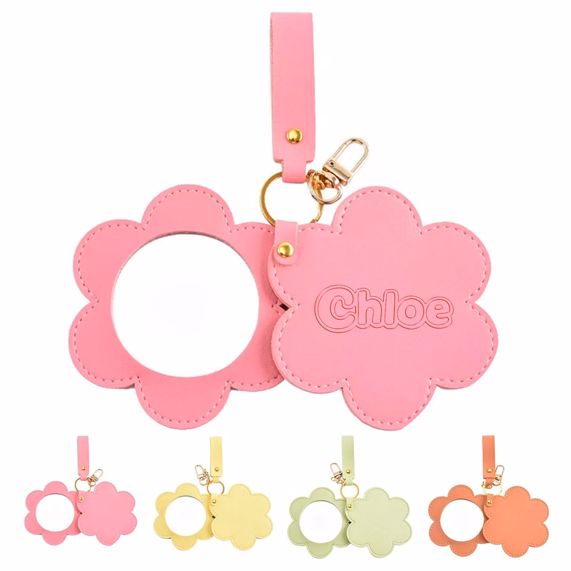 PU Leather Rotating Flower Makeup Mirror Keychain