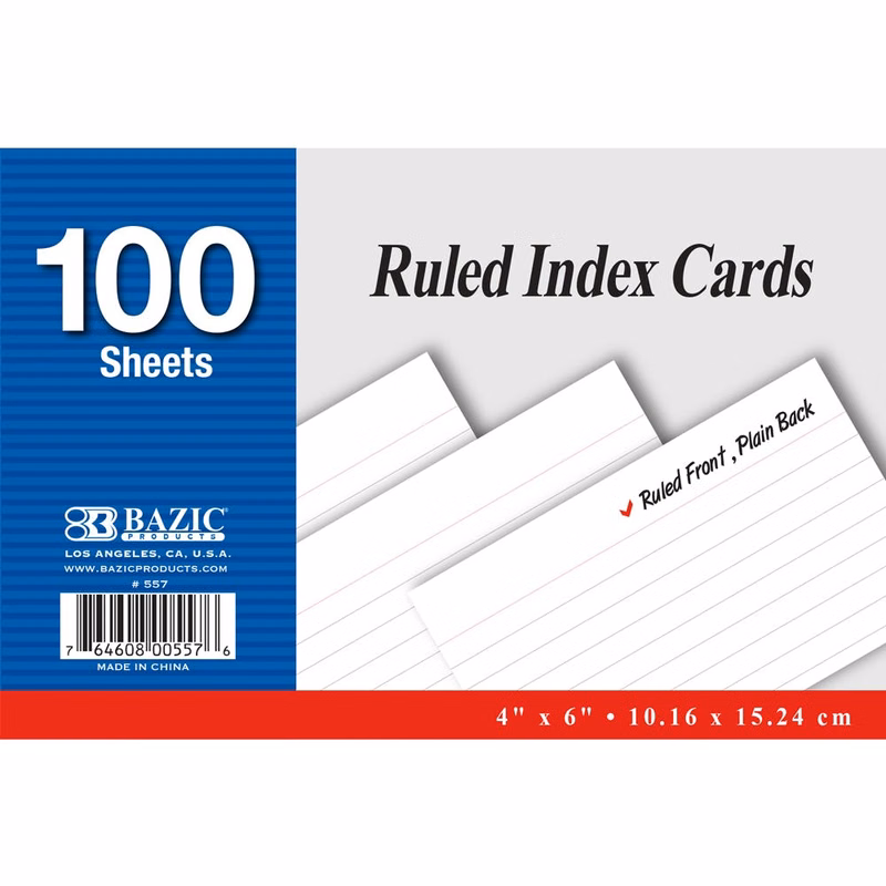Ruled Index Cards - 100 Count 4" x 6" White