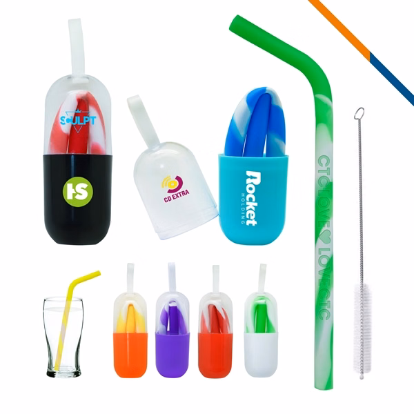 Custom Striped Silicone Straws with Storage Capsule — Reusable Eco Beverage Promo