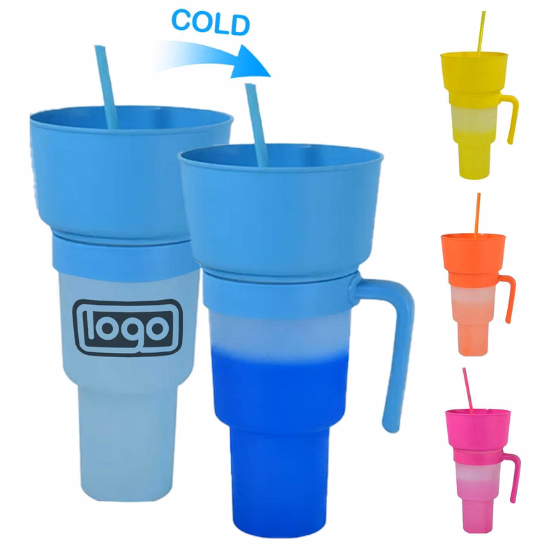 32oz Plastic Color Changing Snack Cup with Straw