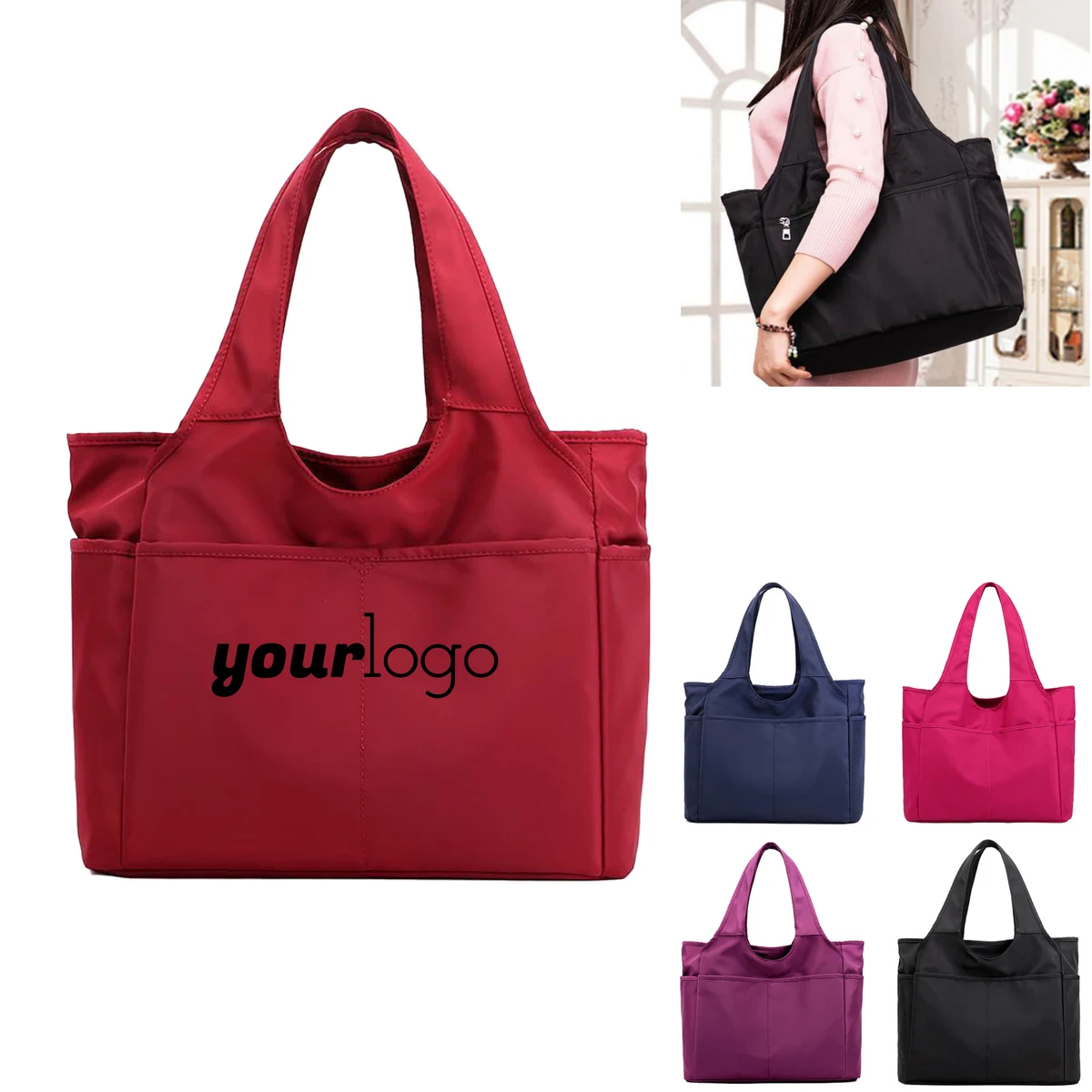 Lightweight Nylon Tote Bag with Organized Compartments, custom tote bag with logo imprint 1
