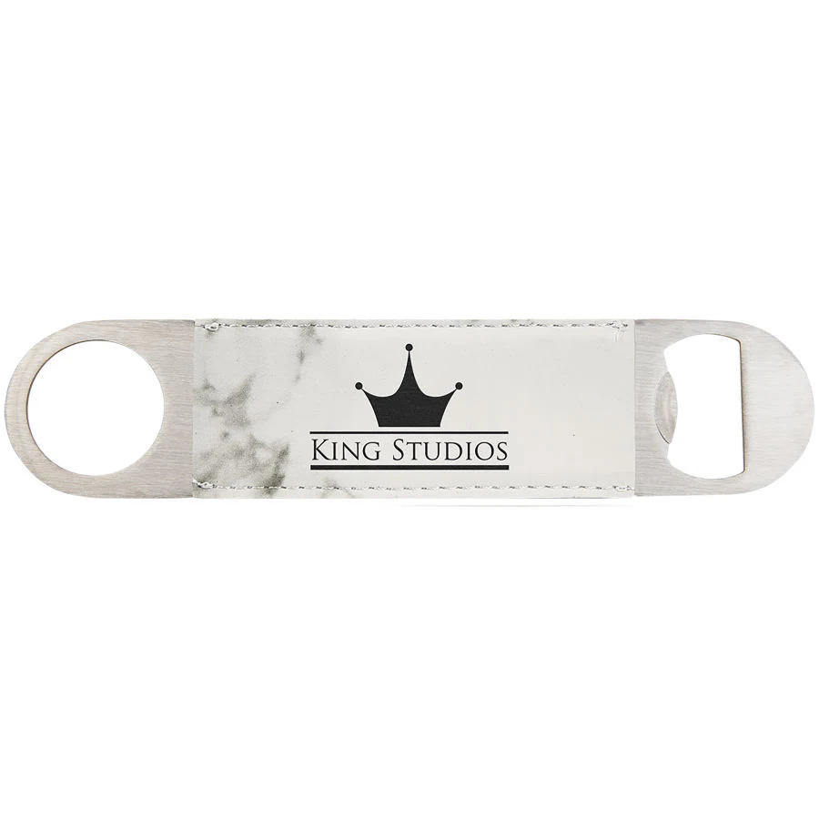1 1/2" x 7" White Marble Leatherette Bottle Opener 1