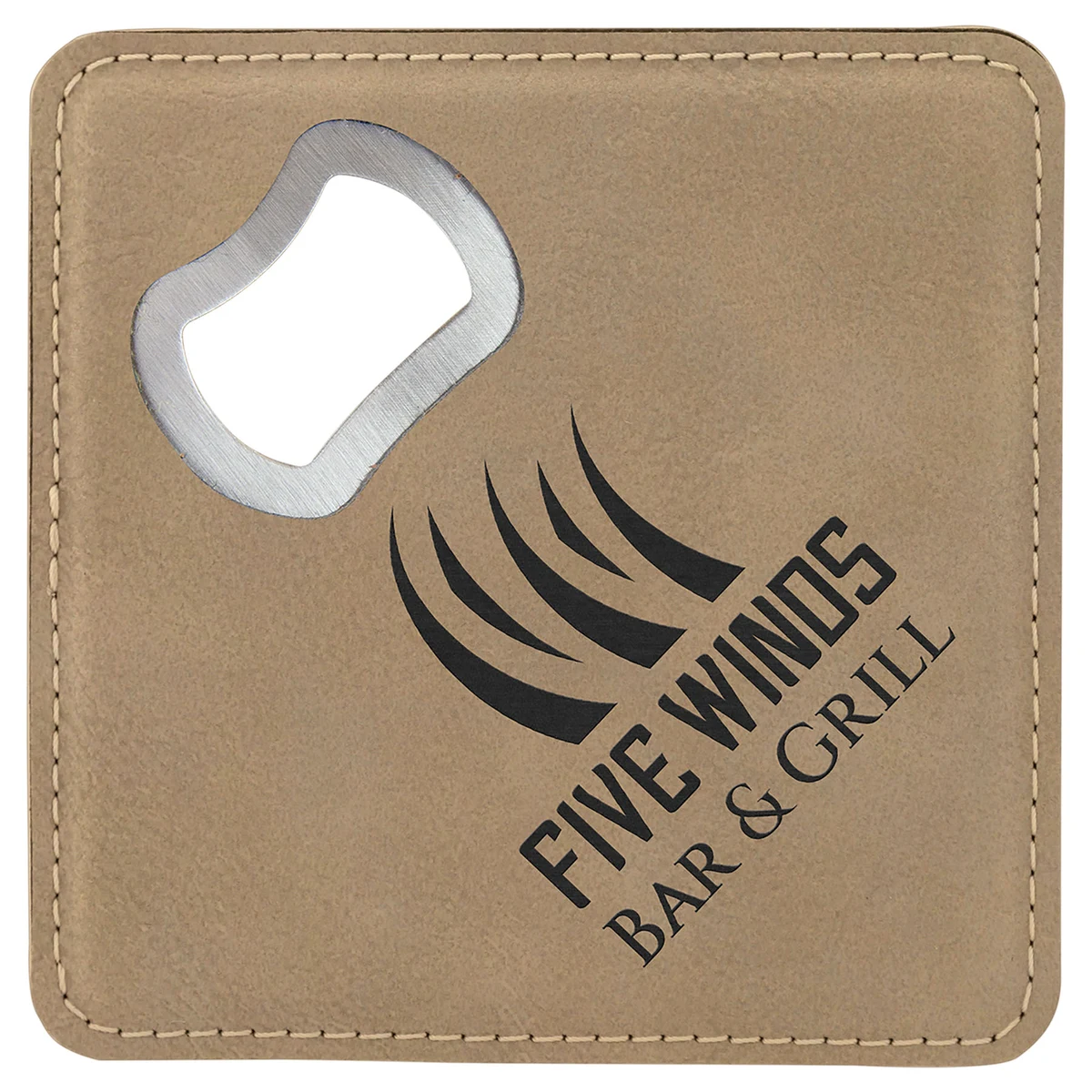 4" x 4" Square Light Brown Leatherette Bottle Opener Coaster 1