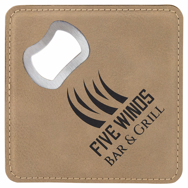 4" x 4" Square Light Brown Leatherette Bottle Opener Coaster