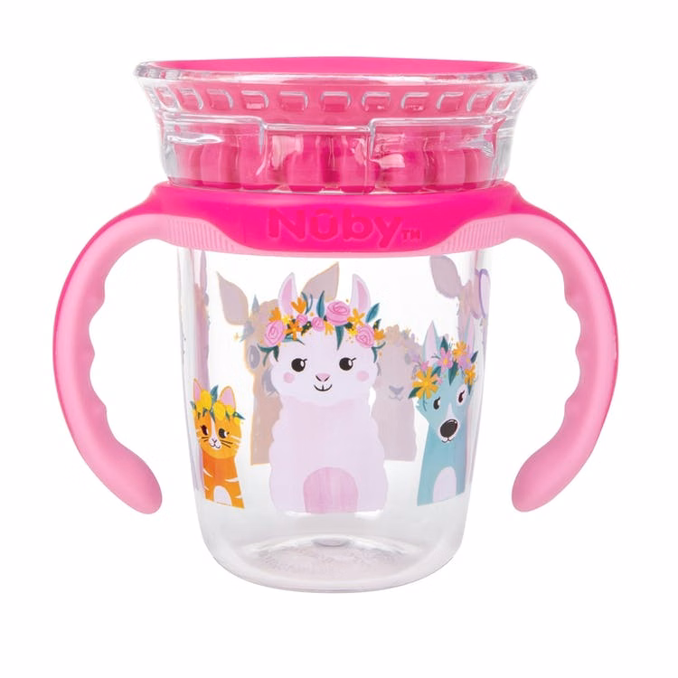 Nuby 2-Stage Drinking Cups - 360 Edge Rim Removable Handles Pink
