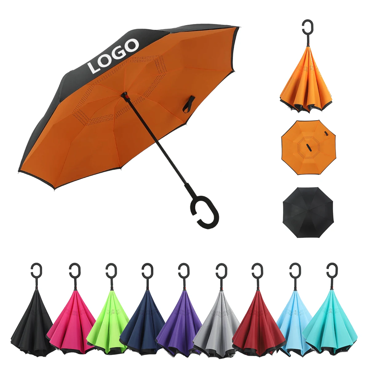 Large Inverted Reverse Umbrella C Shaped Handle Windproof 1