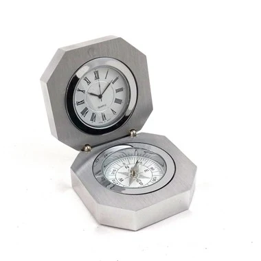 STAINLESS STEEL WITH BRUSHED FINISH 2 IN 1 CLOCK AND COMPASS GADGET 1