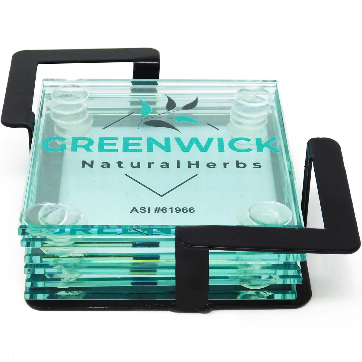 Square Glass Coasters: 6 Piece Set in Metal Stand 1