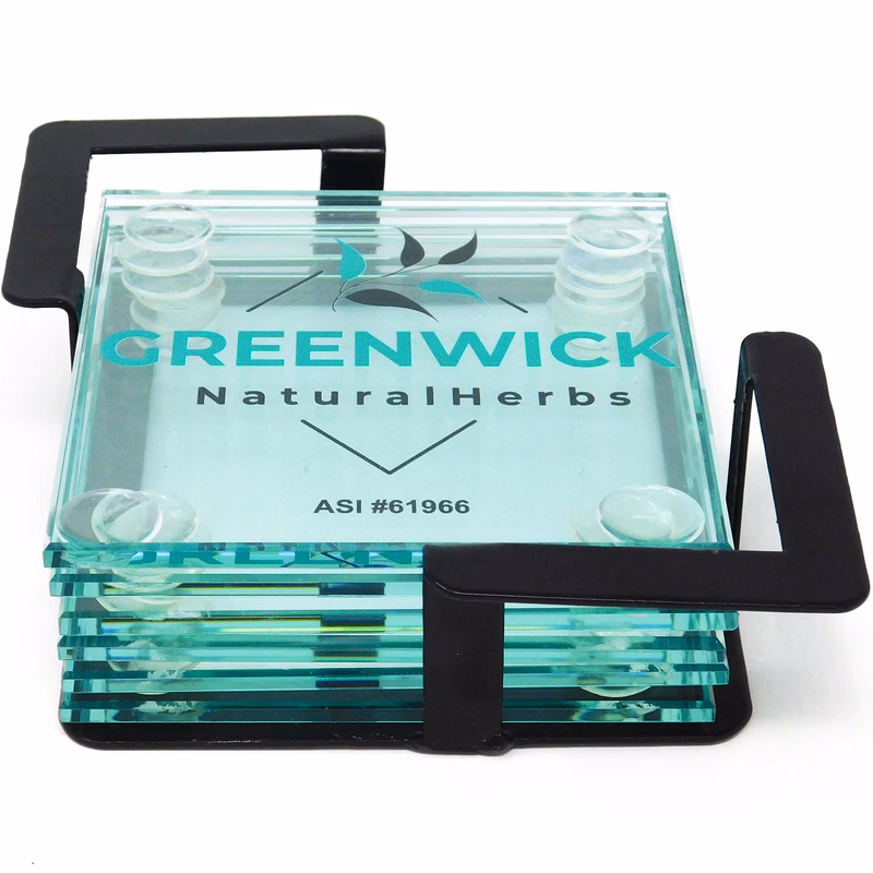 Square Glass Coasters: 6 Piece Set in Metal Stand