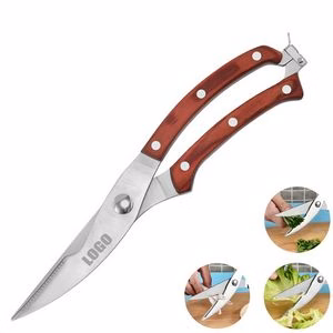 Stylish Steel Kitchen Scissors With Wooden Handle And Serrated Blade