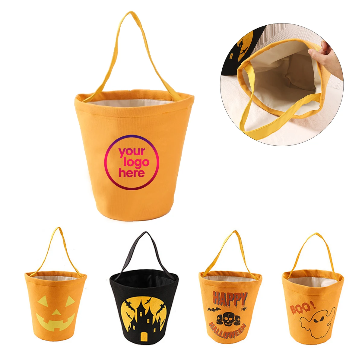 MOQ:50pcs Kids Halloween Candy Pail, custom tote bag with logo imprint 1