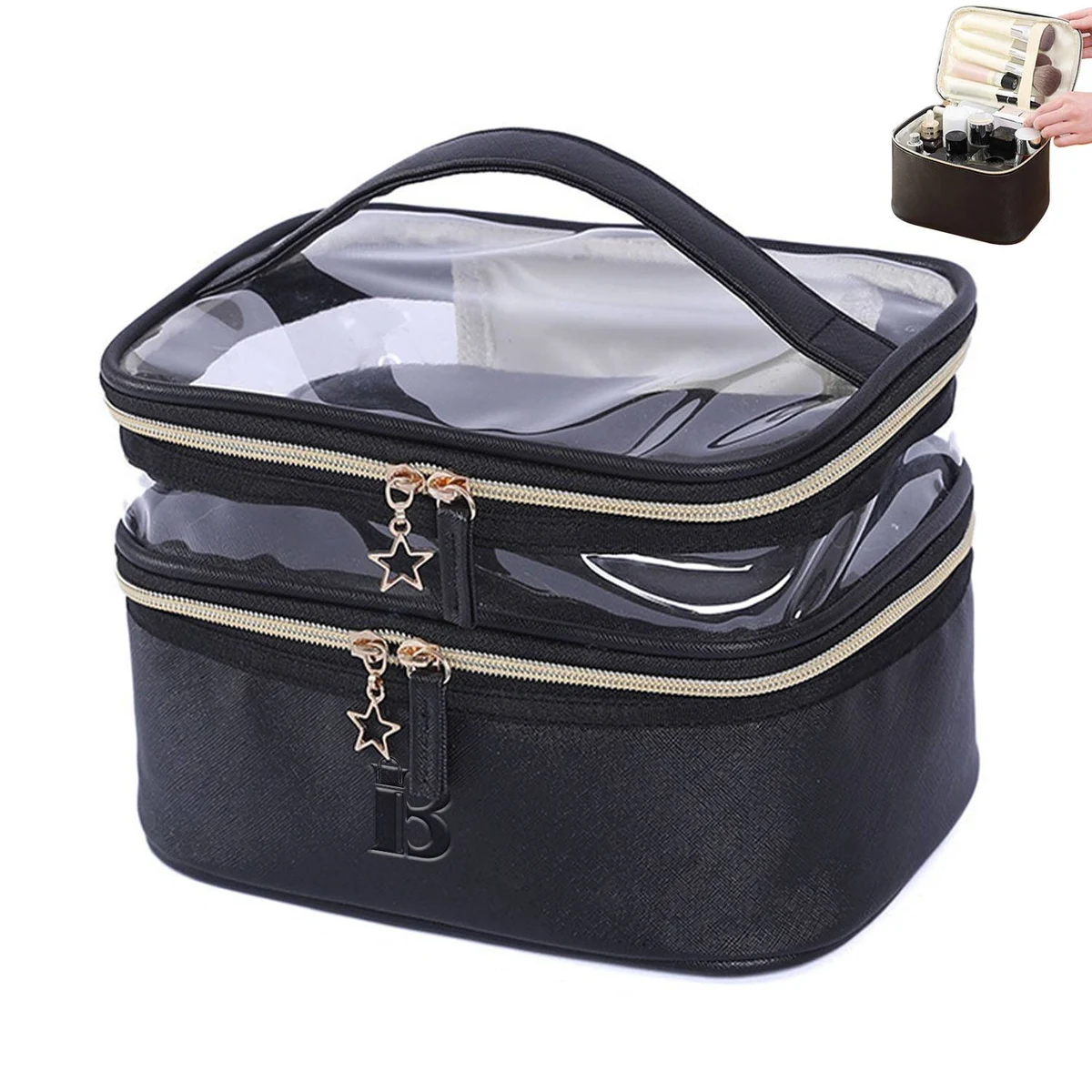 PU Leather Black Double Layer Cosmetic Bag 1